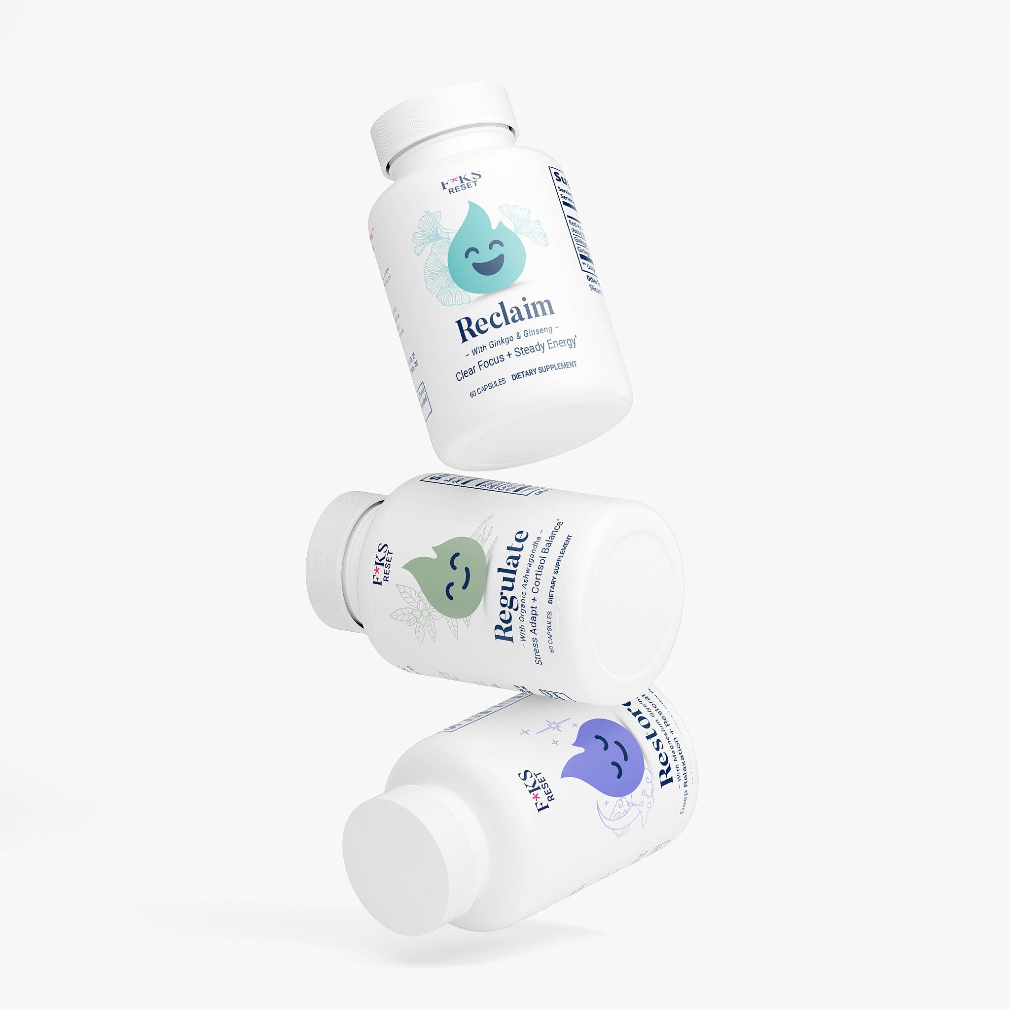 Three 'FKS Reset' supplement bottles stacked on a white background