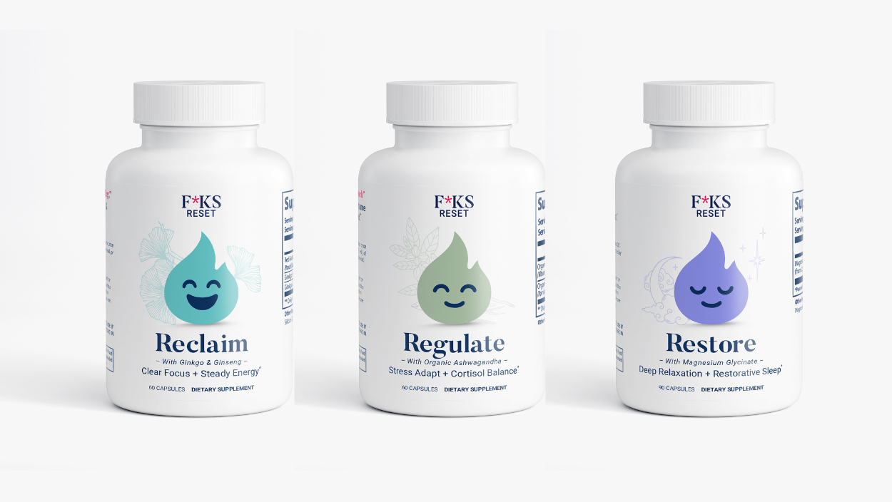 Three bottles labeled 'Reclaim', 'Regulate', and 'Restore' on a white background