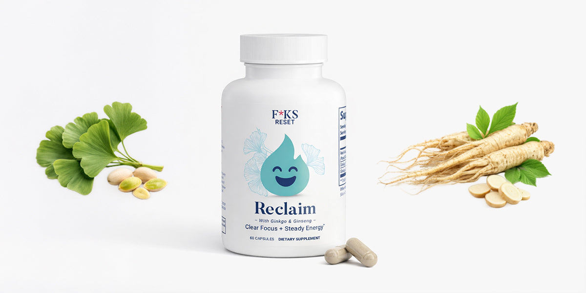 FKS Reclaim supplement bottle with ginkgo biloba and ginseng on a white background